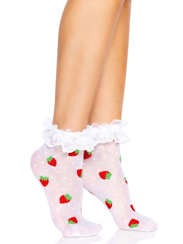 Носки женские с клубничным принтом Leg Avenue Strawberry ruffle top anklets One size, кружевные манж