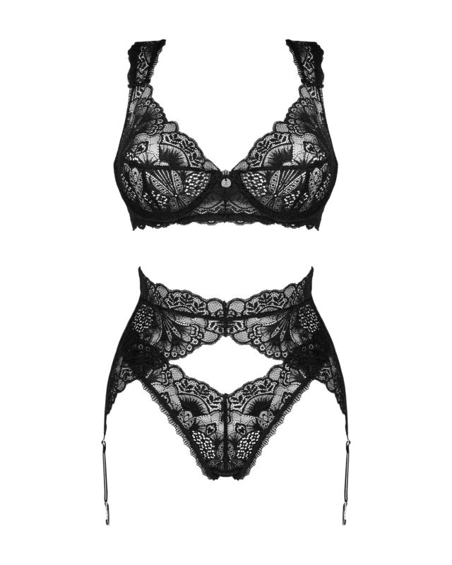 Комплект белья Obsessive Donna Dream 3-pcs set M/L Black, бюстгальтер, стринги, пояс для чулок