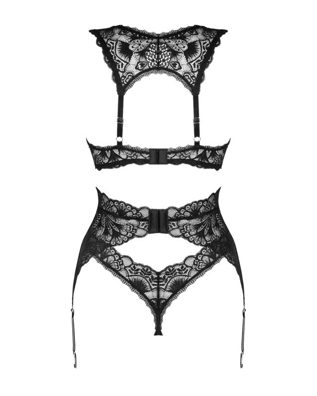 Комплект белья Obsessive Donna Dream 3-pcs set XL/2XL Black, бюстгальтер, стринги, пояс для чулок