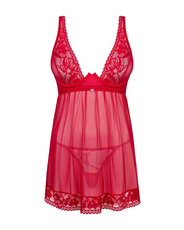 Прозрачная сорочка бэби-долл Obsessive Lacelove babydoll & thong XS/S Red, кружево, стринги