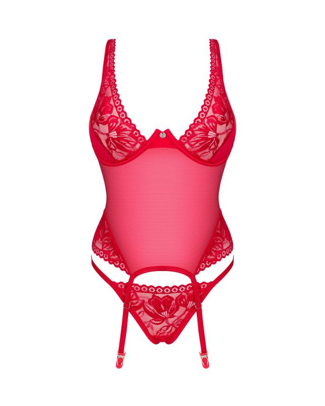 Прозрачный корсет Obsessive Lacelove corset XS/S Red, кружево, подвязки для чулок