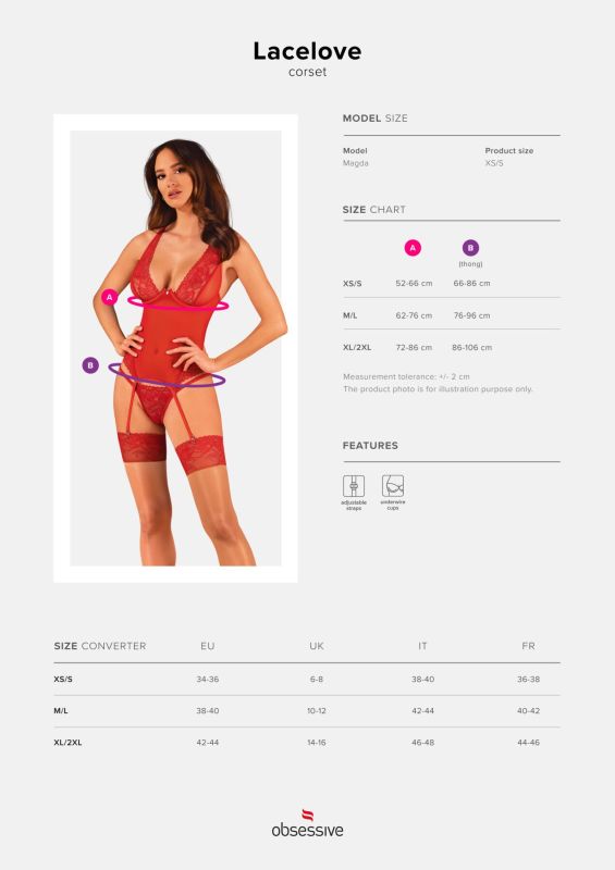Прозрачный корсет Obsessive Lacelove corset XS/S Red, кружево, подвязки для чулок