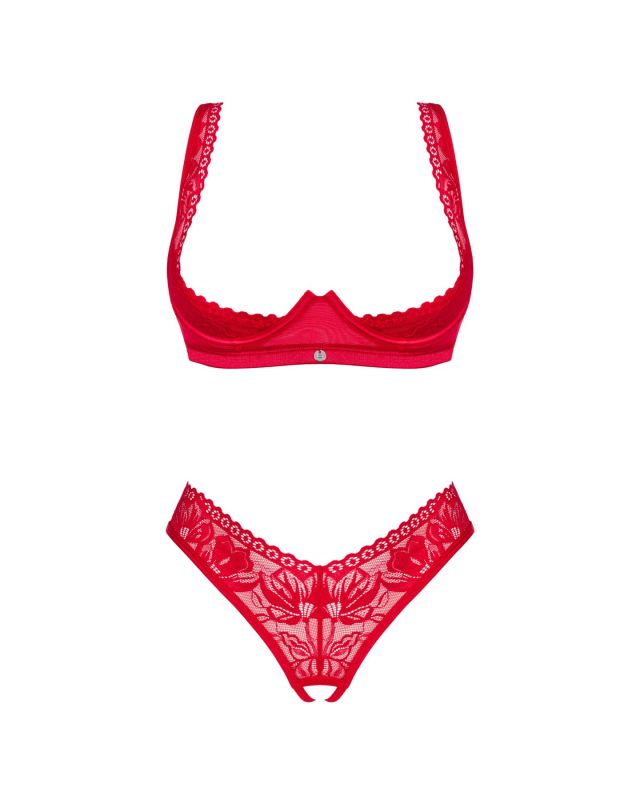 Комплект белья Obsessive Lacelove cupless 2-pcs set XS/S Red, открытый доступ, открытая грудь