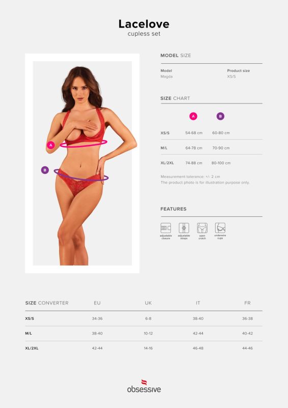 Комплект белья Obsessive Lacelove cupless 2-pcs set M/L Red, открытый доступ, открытая грудь