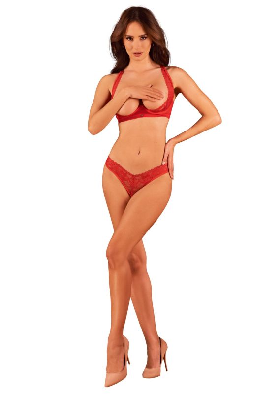 Комплект белья Obsessive Lacelove cupless 2-pcs set M/L Red, открытый доступ, открытая грудь