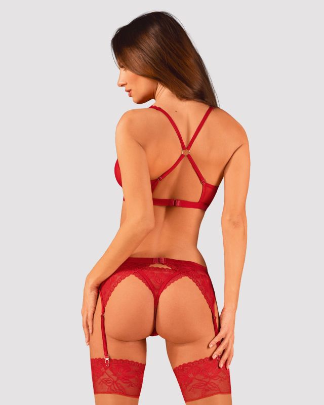 Комплект белья Obsessive Lacelove cupless 3-pcs set M/L Red, бюстгальтер, стринги, пояс для чулок