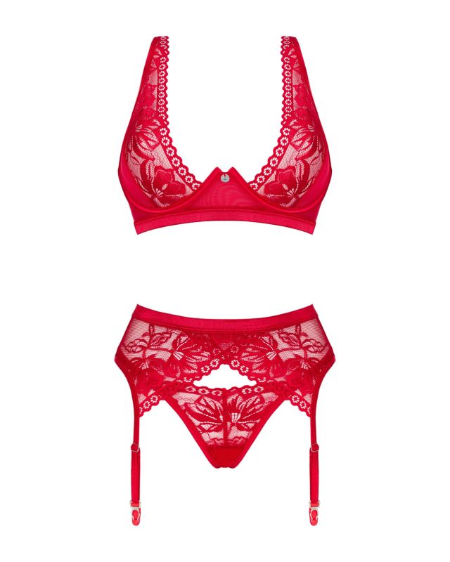 Комплект белья Obsessive Lacelove cupless 3-pcs set M/L Red, бюстгальтер, стринги, пояс для чулок