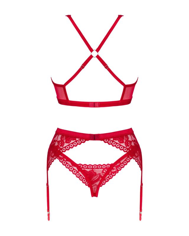 Комплект белья Obsessive Lacelove cupless 3-pcs set M/L Red, бюстгальтер, стринги, пояс для чулок