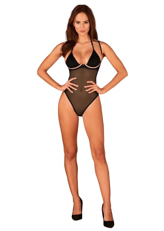 Прозрачное боди Obsessive Selinne teddy M/L Black, мелкая сетка, двойные бретели