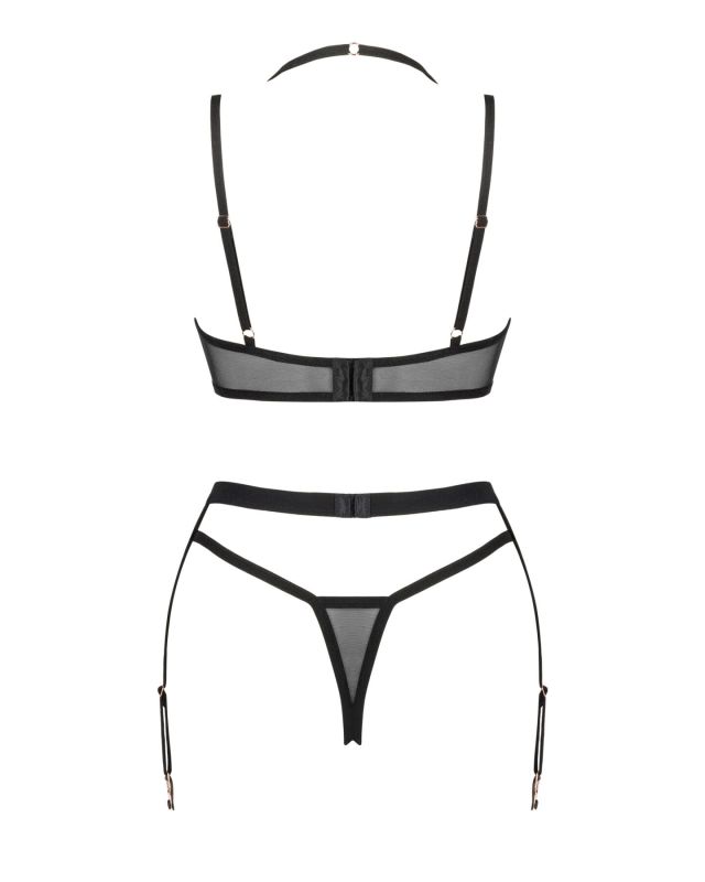 (SALE) Комплект белья Obsessive Selinne 3-pcs set XS/S Black, бюстгальтер, стринги пояс для чулок