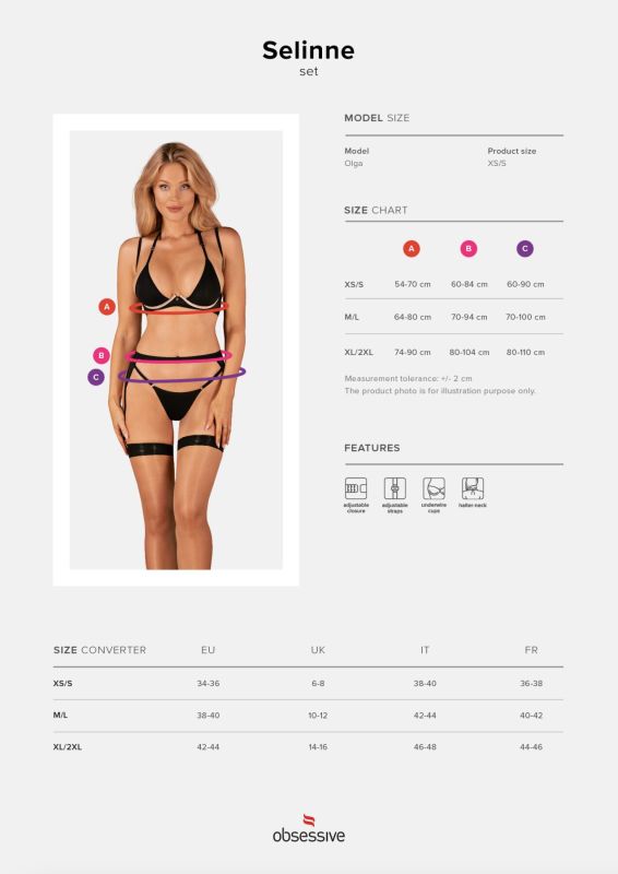 (SALE) Комплект белья Obsessive Selinne 3-pcs set XS/S Black, бюстгальтер, стринги пояс для чулок