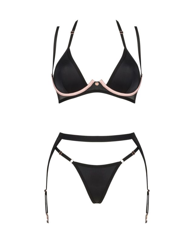 Комплект белья Obsessive Selinne 3-pcs set XL/2XL Black, бюстгальтер, стринги пояс для чулок
