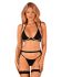 Комплект белья Obsessive Selinne 3-pcs set XL/2XL Black, бюстгальтер, стринги пояс для чулок
