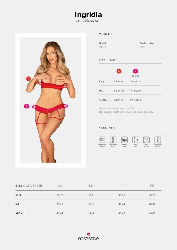 Комплект Obsessive Ingridia 2-pcs crotchless set XS/S, красный, с доступом, открытая грудь