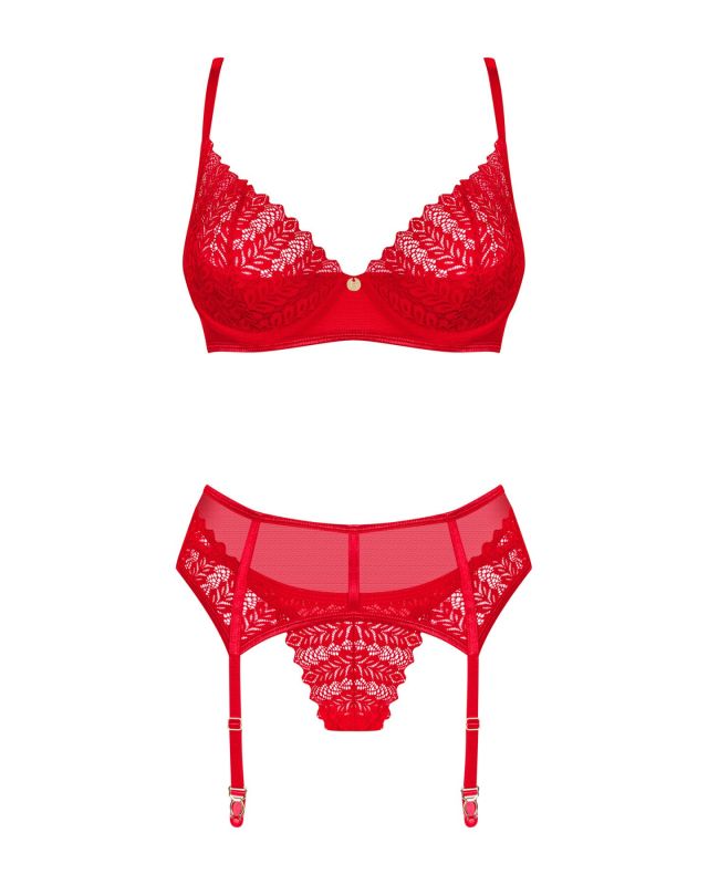 Комплект Obsessive Ingridia 3-pcs set XL/2XL, красный, бюстгальтер, стринги, пояс
