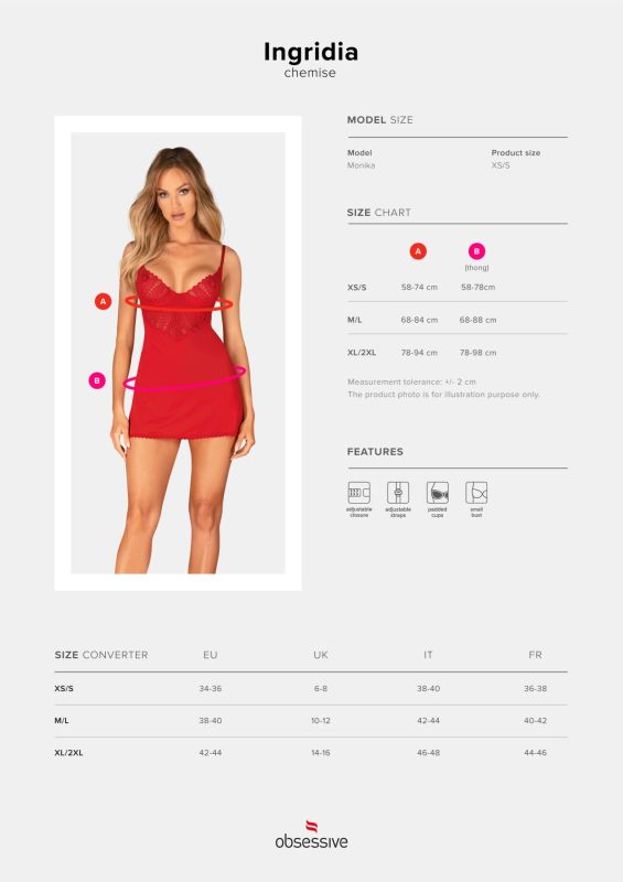 Пеньюар Obsessive Ingridia chemise & thong XL/2XL, красный, сорочка, стринги