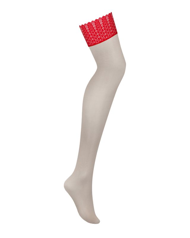 Чулки Obsessive Ingridia stockings M/L, бежевые с красной резинкой