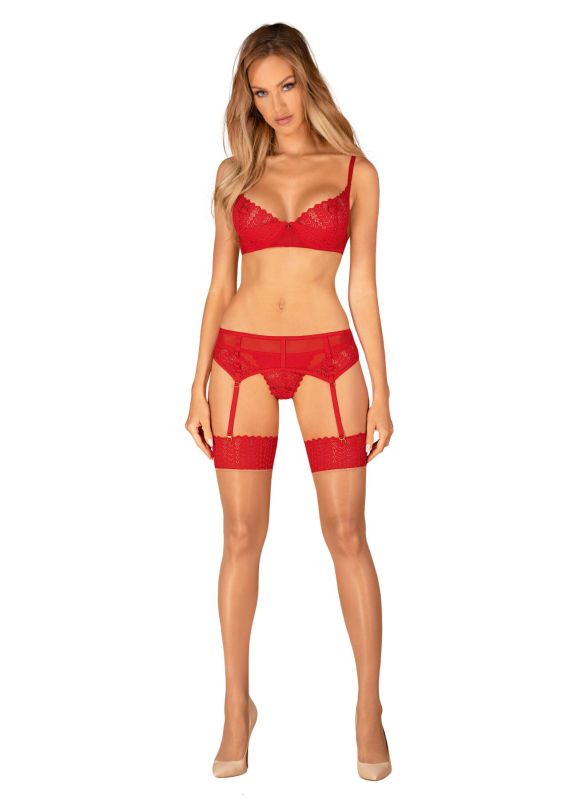 Чулки Obsessive Ingridia stockings M/L, бежевые с красной резинкой