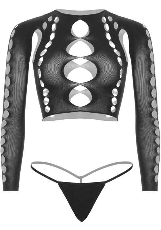 Комплект бесшовного белья Leg Avenue Long sleeve crop top & string Black, One Size, топ, стринги