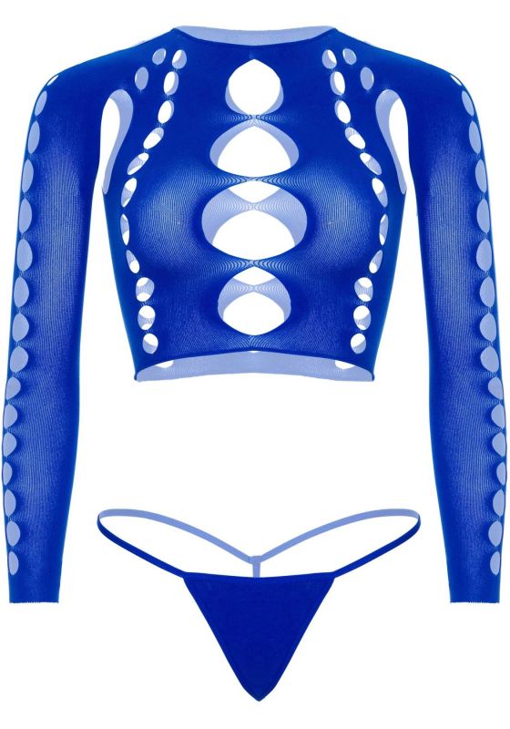 Комплект Leg Avenue Long sleeve crop top & string Royal Blue One Size, топ, стринги