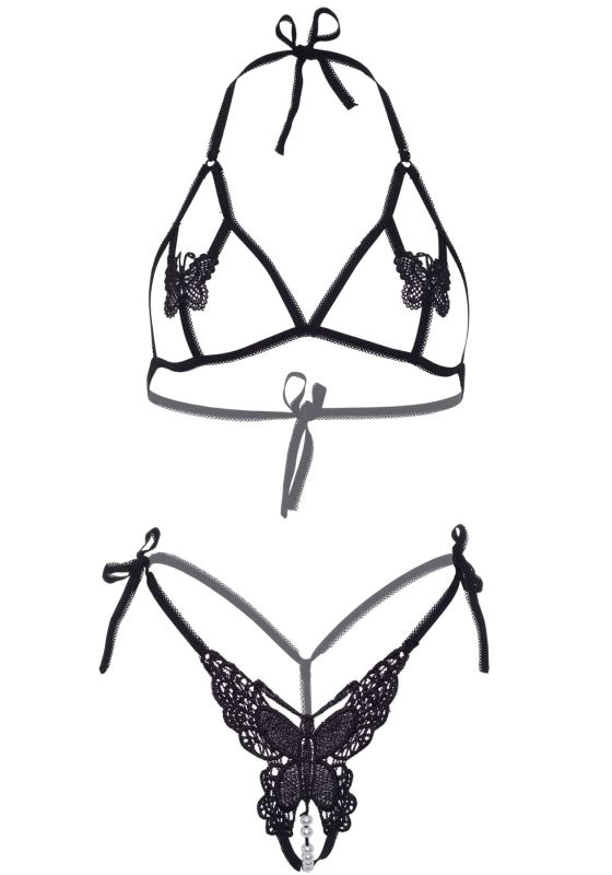 Эротический комплект с открытой чашкой Leg Avenue Open cup bra and pearl panty One Size Black