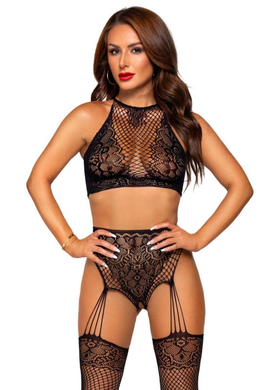 Эротический комплект Leg Avenue Crop top and garter panty Black, топ, трусики с доступом, чулки