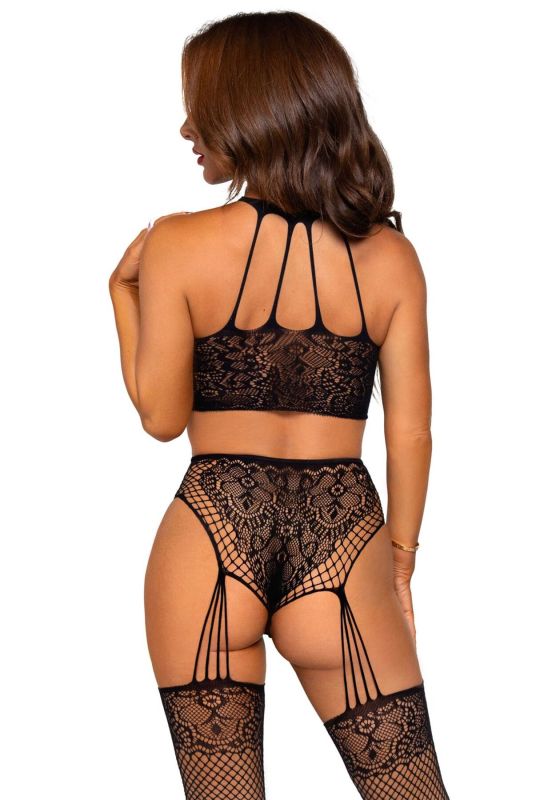Эротический комплект Leg Avenue Crop top and garter panty Black, топ, трусики с доступом, чулки