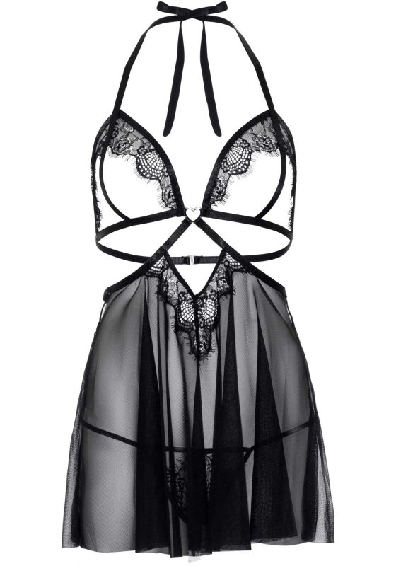 Сорочка беби-долл с открытыми чашками Leg Avenue Lace and mesh babydoll & panty Black S, стринги