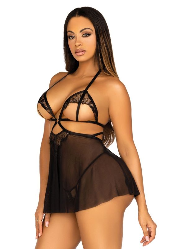 Сорочка беби-долл с открытыми чашками Leg Avenue Lace and mesh babydoll & panty Black M, стринги