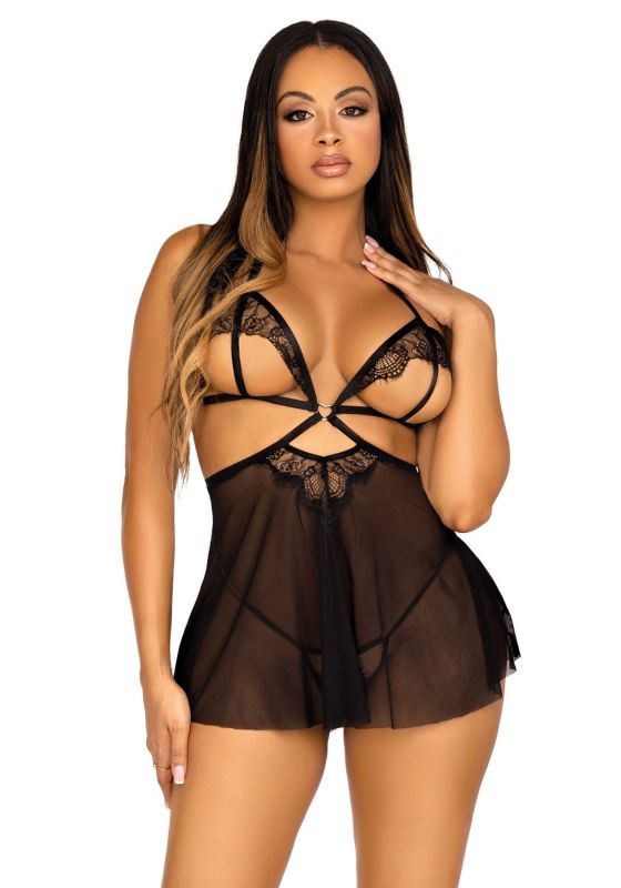 Сорочка беби-долл с открытыми чашками Leg Avenue Lace and mesh babydoll & panty Black M, стринги