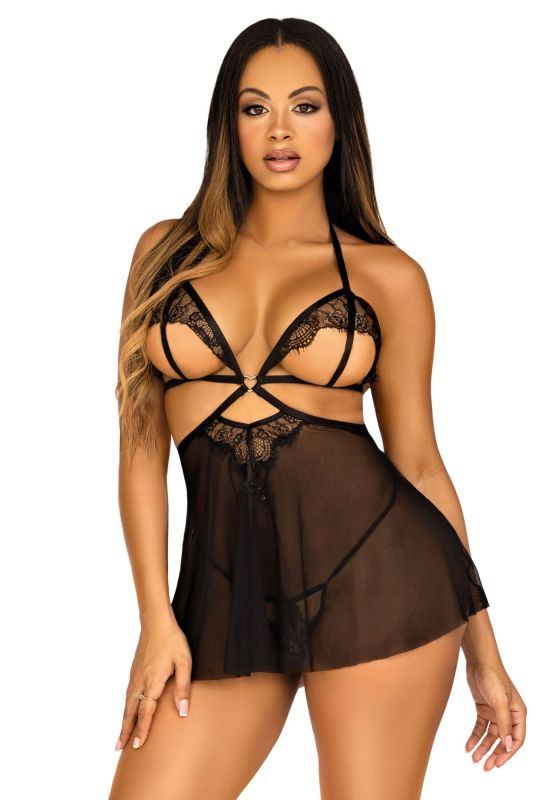 Сорочка беби-долл с открытыми чашками Leg Avenue Lace and mesh babydoll & panty Black L, стринги