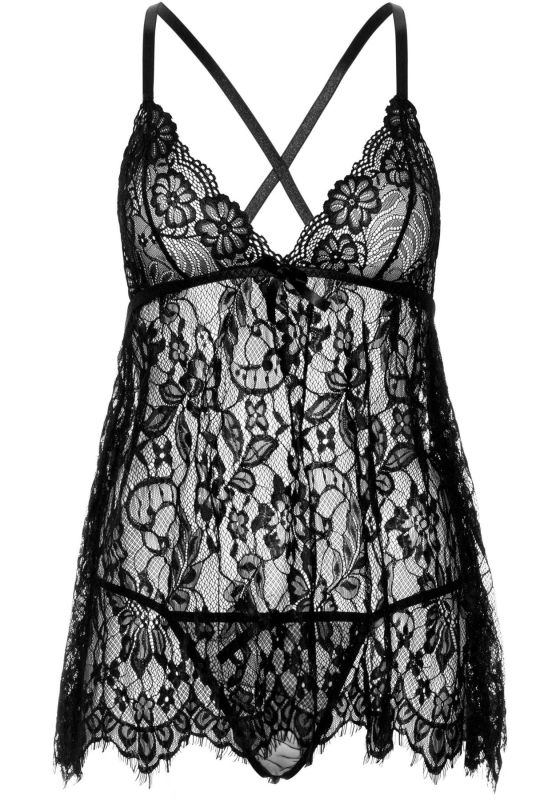 Сорочка беби-долл Leg Avenue Floral lace babydoll & string Black L, стринги