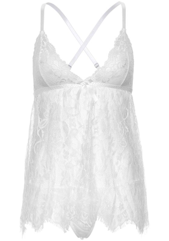 Сорочка беби-долл Leg Avenue Floral lace babydoll & string White M, стринги