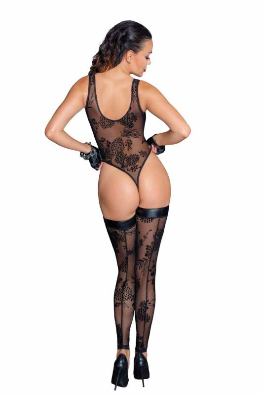 (SALE) Боди Noir Handmade F242 Tulle body with patterned flock embroidery - S