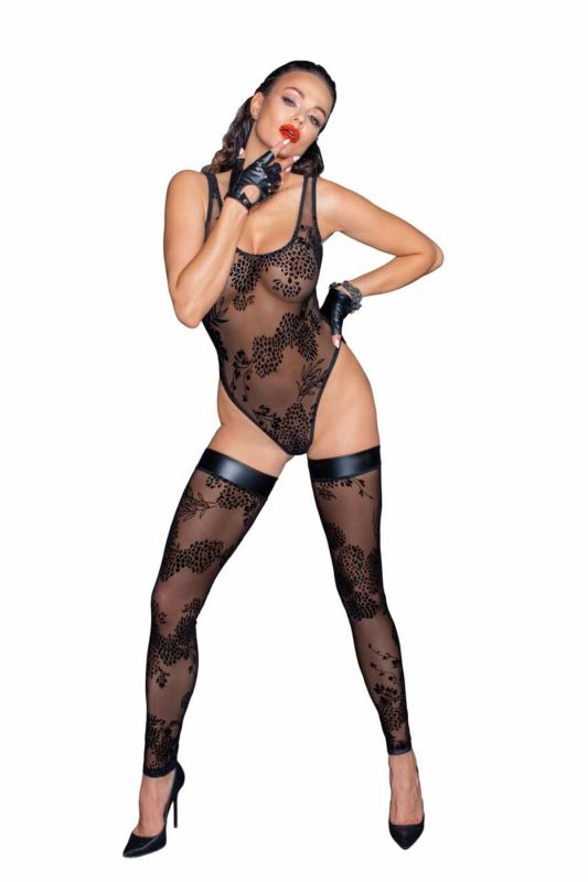 (SALE) Боди Noir Handmade F242 Tulle body with patterned flock embroidery - L