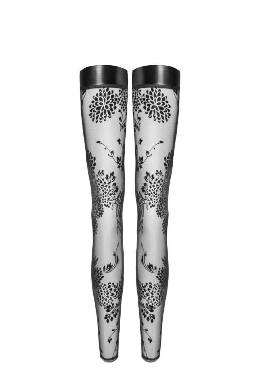 Чулки Noir Handmade F243 Tulle stockings with patterned flock embroidery - 3XL
