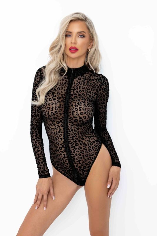 (SALE) Боди Noir Handmade F287 Leopard flock bodysuit with long sleeves - M