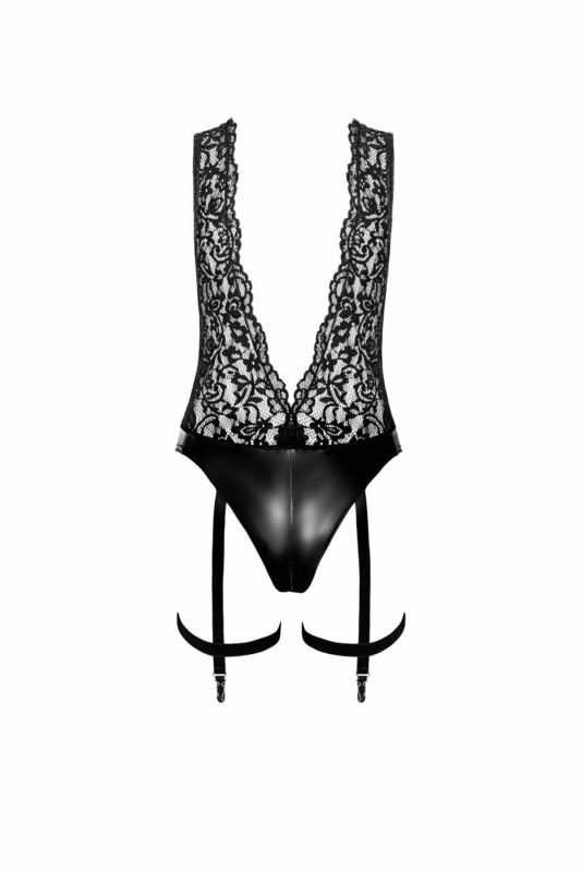 Боди Noir Handmade F297 Libido Deep-V bodysuit with collar, pearl chain and garter - S