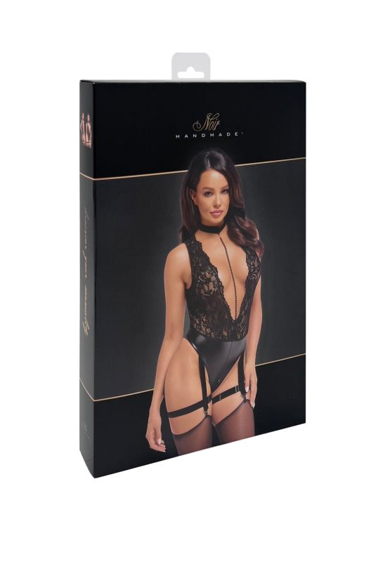 Боди Noir Handmade F297 Libido Deep-V bodysuit with collar, pearl chain and garter - M