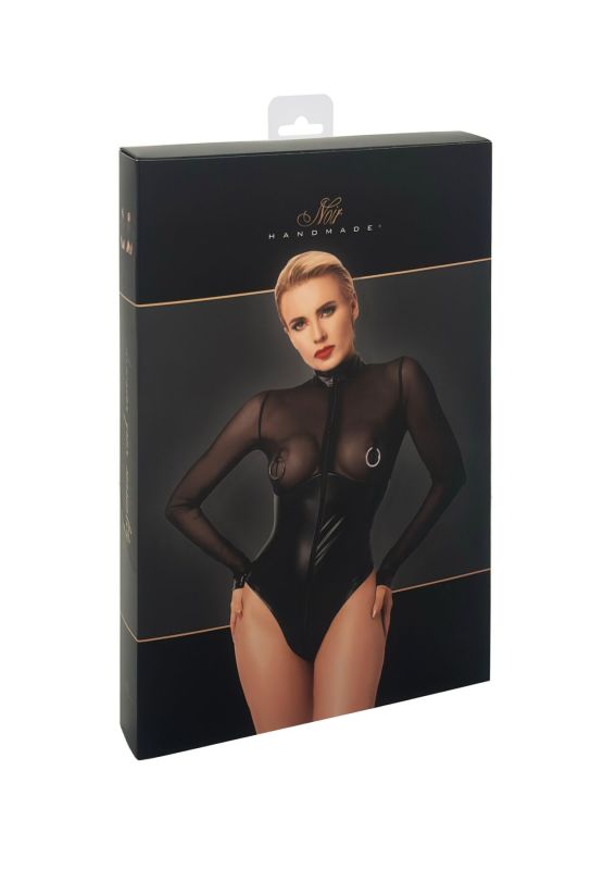 Боди Noir Handmade F321 Edge wetlook and mesh body with rings - M