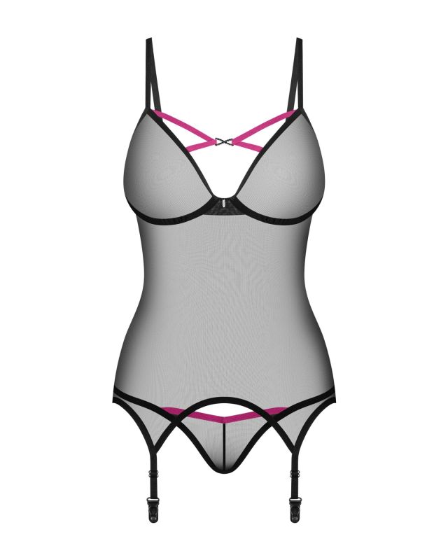 Корсет Obsessive Novenes corset & thong, M/L, прозрачный, открытая спина, стринги в комплекте
