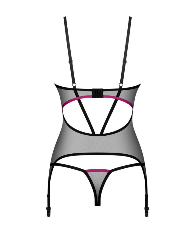 Корсет Obsessive Novenes corset & thong, XL/2XL, прозрачный, открытая спина, стринги в комплекте