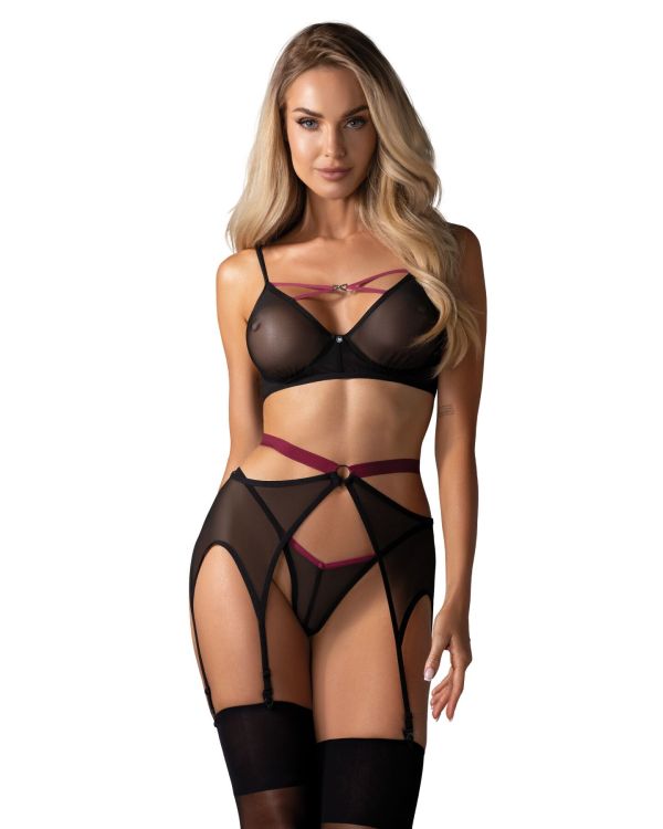 Комплект Obsessive Novenes 3-pcs set, XS/S, прозрачный лиф на косточках, стринги, пояс