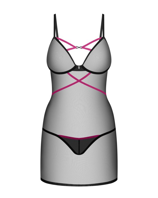 Пеньюар Obsessive Novenes chemise & thong, M/L, облегающий, прозрачный, со стрепами, стринги в компл