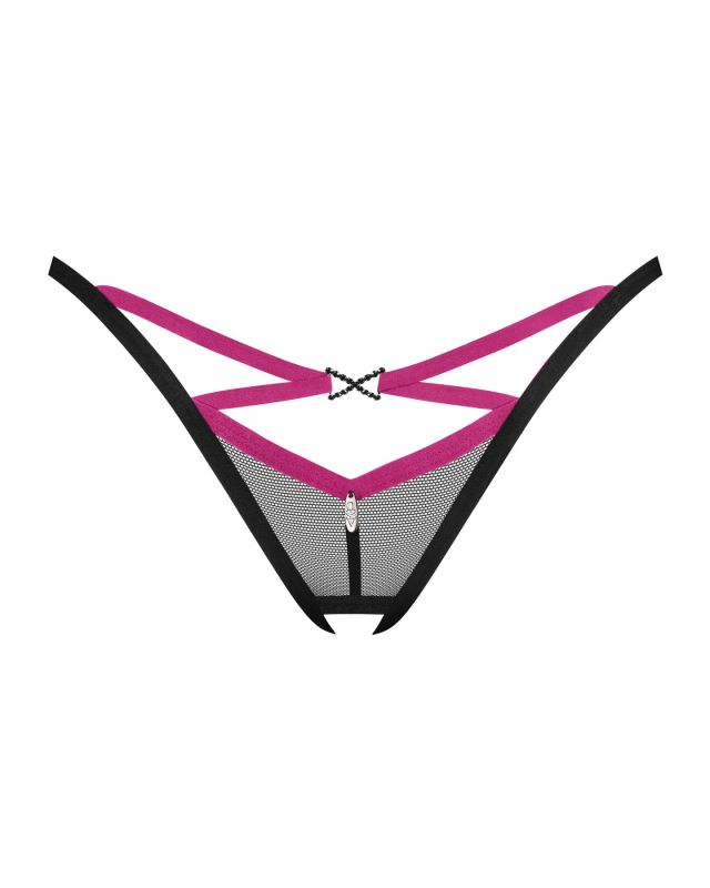 Трусики-стринги Obsessive Novenes crotchless thong, XS/S, сетка, стрепы, украшение со стразами, откр