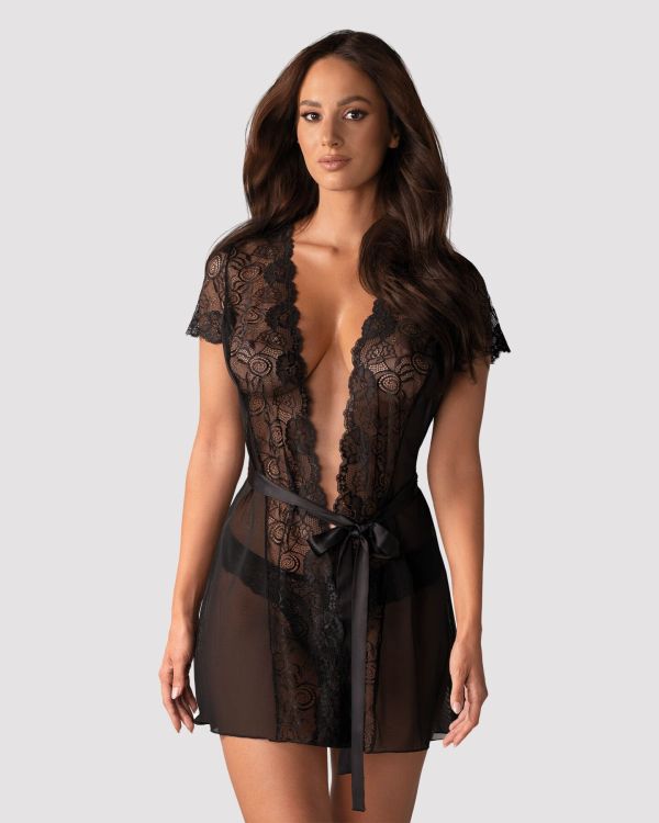 (SALE) Пеньюар Obsessive Alluria peignoir & thong S/M